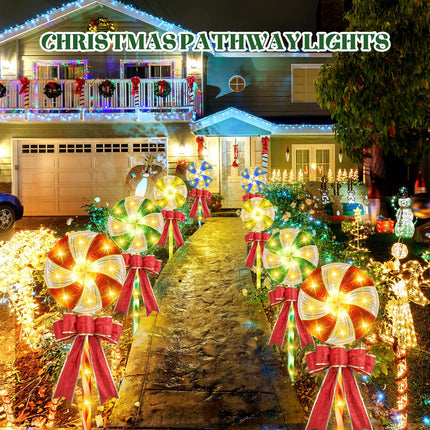 Retisee 10 Pack Lollipop Christmas Pathway Lights 27'' Christmas Lollipop Markers Lights Outdoor Christmas Peppermint Candy Pathway Lights Decorations with Bows for Xmas Holiday Yard Lawn Walkway