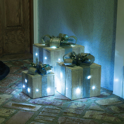 Alpine Corporation 3-Piece Wooden Box Christmas Decor with LED Lights, Silver