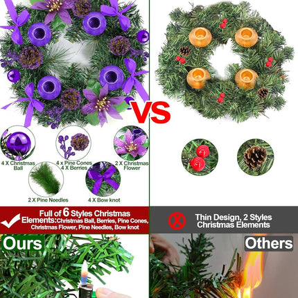 [Safety Fire Retardant] Christmas Purple Advent Wreath Decor 4 Advent Candle Holder with 4 Pinecorn 4 Ribbon 2 Poinsettia 4 Ball 4 Berry Christmas Centerpiece Table Decorations Home Indoor(No Candles)