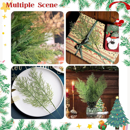 Artificial Pine Branches, 100 Pcs Faux Green Pine Needles Greenery Cedar Twigs Stems for Christmas Decorations Holiday Craft DIY Garden Garland Wreath Xmas Winter Home Decor