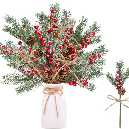 Sggvecsy 15 Pack Snow Frosted Christmas Berries Pine Picks Artificial Red Berry Pine Branches Frosted Faux Pine Stem with Pine Cones Fake Pine Needles for Xmas Tree Wreath DIY Craft Holiday Decor