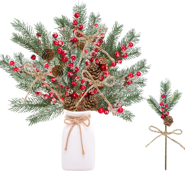 Sggvecsy 15 Pack Snow Frosted Christmas Berries Pine Picks Artificial Red Berry Pine Branches Frosted Faux Pine Stem with Pine Cones Fake Pine Needles for Xmas Tree Wreath DIY Craft Holiday Decor