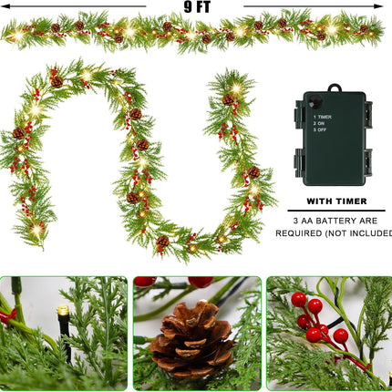 Lulu Home 9FT Pre-lit Christmas Garland, 30 LEDs Xmas Lighted Garland with Pinecones Red Berries, Battery Operated Garland with Timer for Fireplace Balcony Railing Fence Decoration