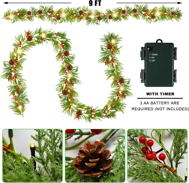 Lulu Home 9FT Pre-lit Christmas Garland, 30 LEDs Xmas Lighted Garland with Pinecones Red Berries, Battery Operated Garland with Timer for Fireplace Balcony Railing Fence Decoration