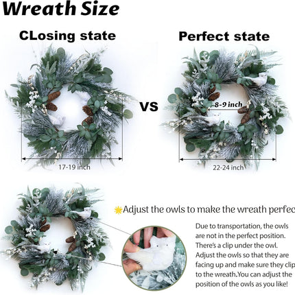 Winter Wreaths for Front Door 24 Inch Snowy Flocked Christmas Wreath Artificial Green Olive Eucalyptus Wreath with Cute White Owl,Pine Cones,Cedar,White Berries for Indoor Outdor Decor