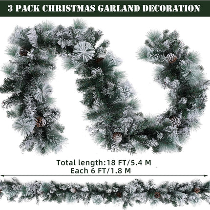 Chuangdi 3 Pcs Snow Flocked Christmas Garland, 18 Ft Snowy Christmas Cedar Garland, White Winter Frosted Holiday Pine Garland, Flocked Spruce Garland for Xmas Tree Stairs Fireplace Decor