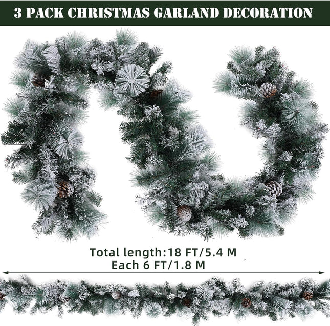 Chuangdi 3 Pcs Snow Flocked Christmas Garland, 18 Ft Snowy Christmas Cedar Garland, White Winter Frosted Holiday Pine Garland, Flocked Spruce Garland for Xmas Tree Stairs Fireplace Decor