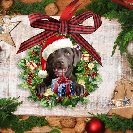 Talataca Chocolate Labrador Retriever Wearing A Hat Wreath Dog Lover 2D Flat Christmas Tree Wood Ornament Decor Wooden Hanging Decoration House Present Xmas Eve Keepsake Decorative
