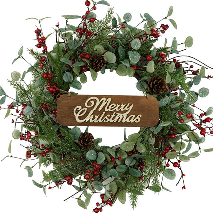 Christmas Wreath, Christmas Wreaths for Front Door,Artificial Christmas Wreath with Sparkling Leaves and Pine Needles are paired with Plump Pine and red Berries,Wreath for Indoor Wall Window Decor.
