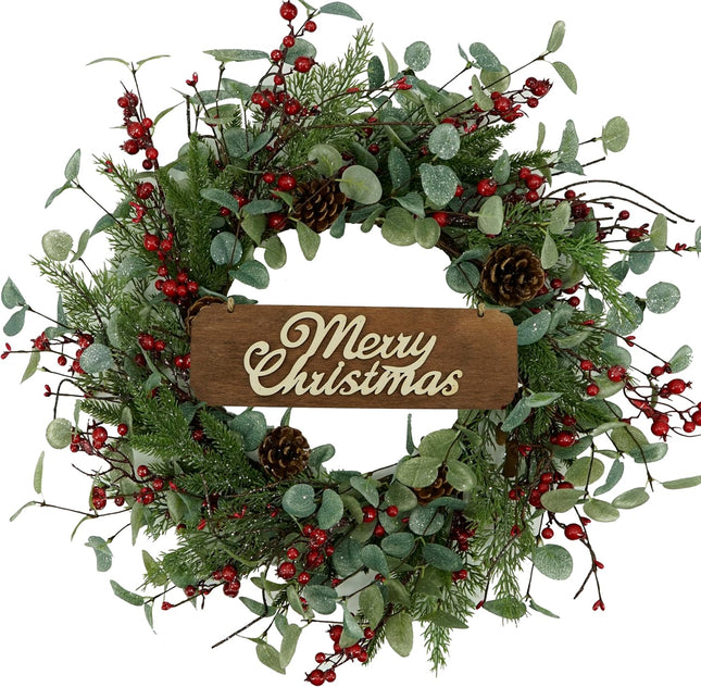 Christmas Wreath, Christmas Wreaths for Front Door,Artificial Christmas Wreath with Sparkling Leaves and Pine Needles are paired with Plump Pine and red Berries,Wreath for Indoor Wall Window Decor.