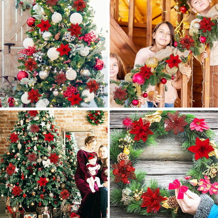 Whaline 24Pcs Christmas Poinsettias Xmas Red Glitter Artificial Flowers with 24Pcs Clips for Wreath Xmas Tree Ornament Wedding Party Decor