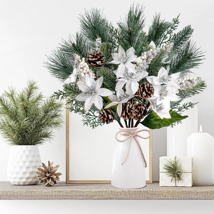Sggvecsy 6 Pack Artificial Christmas Poinsettia Picks Faux Berries Pine Stems Berry Pine Branches with Pine Cones Poinsettia for Xmas Tree Wreath DIY Craft Floral Arrangement Holiday Decor (Silver)