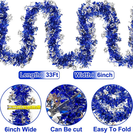 TURNMEON 33 Ft by 6 Inch Hanukkah Tinsel Garland Hanukkah Decorations with Star of David Silver Ornaments Blue Metallic Streamers Hanukkah Decoration Home Indoor Outdoor Chanukah Party Supplies