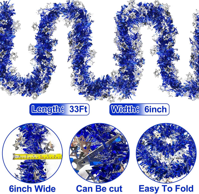 TURNMEON 33 Ft by 6 Inch Hanukkah Tinsel Garland Hanukkah Decorations with Star of David Silver Ornaments Blue Metallic Streamers Hanukkah Decoration Home Indoor Outdoor Chanukah Party Supplies