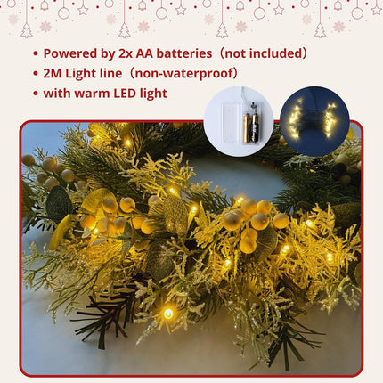 Perfnique 22'' Christmas Wreath for Front Door with Lights, Winter Outdoor Wreath Pine Wreath with White Berry and Glitter, Christmas Indoor Wreaths for Wall Window Fireplace Home Holiday Decor(White)