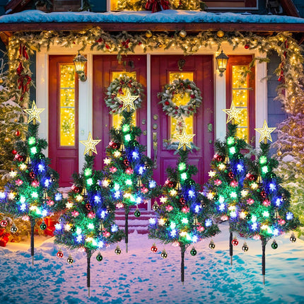 6 Pack Christmas Tree Pathway Lights Outdoor 120 LED Xmas Tree Light with 8 Lighting Modes Star Tree Topper Candy Cane Plug-in Light for Garden Yard Lawn Holiday Decor(Snow Flocked)