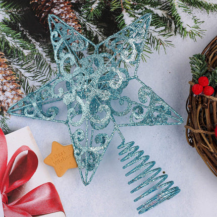Aneco 10 Inches Christmas Treetop Star Metal Glittered Christmas Tree Topper Xmas Tree Decoration Topper for Christmas Holiday Home Office School Mall Decor, Blue