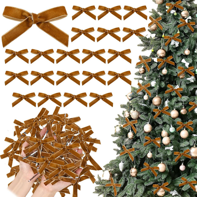 100 Pcs Mini Velvet Christmas Tree Bows Garland Decor Vintage Wreath Bow Velvet Ribbon Bows for Christmas Tree Xmas Home Decor Wedding Outdoor Indoor(Khaki)