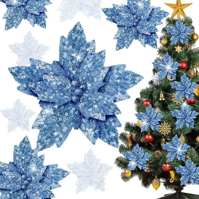 Waydress 16 Pieces Christmas Glitter Poinsettia Flowers Artificial Christmas Tree Ornaments Christmas Decor with Stem DIY Xmas Wreath Party Holiday Decor(Light Blue)