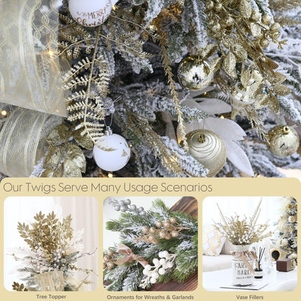 Sea Team 36-Pack Artificial Glitter Pine Twigs, Spruce Stem Ornaments, Decorative Fern Sticks, Picks, Branches for Christmas Tree, Wreath, Vase Fillers for Centerpieces, Home Décor, Gold