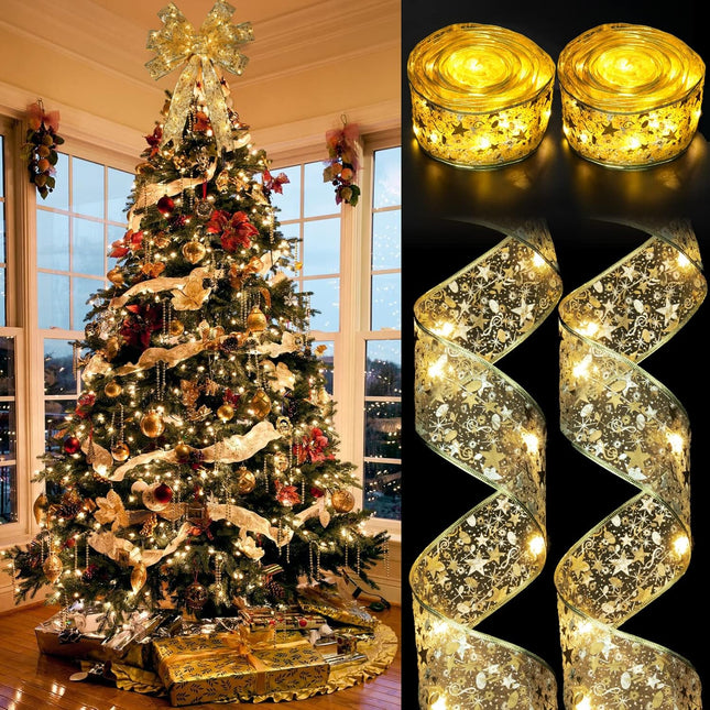 CandyHome 4 Pack Christmas Tree Decorations, Total 80 Ft 240 Led Gold Christmas Tree Ribbon Lights Battery Powered Double Layer Ribbon Bows for Home Party Holiday Year Wreath Christmas Tree Decor