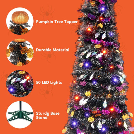 JOIEDOMI 5 FT Halloween Tree Outdoor Halloween Decorations with Timer 8 Modes, Pop Up Pencil Tree Tinsel Christmas Trees Collapsible Tree for Halloween Party Supplies Indoor Outside