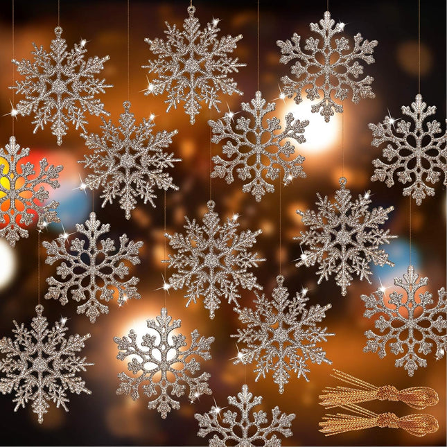 RECUTMS 40Pcs Plastic Snowflake Ornaments Christmas Glitter Snowflakes Hanging Crafts for Wedding Birthday Home Xmas Tree Window Door Accessories,4 Inches,2 Pattern (Champagne)