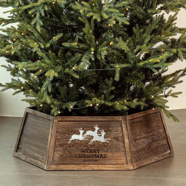 Wood Christmas Tree Collar, 30.7" Hexagon Christmas Tree Base Cover, Handcrafted Natural Wooden Christmas Tree Ring, Vintage Weathered Tree Skirt, Rustic (Archaize)