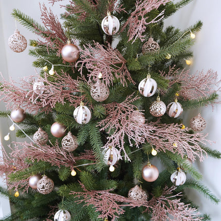 Winlyn 15 Pcs Christmas Artificial Cedar Sprays Rose Gold Glittered Faux Cedar Stems Christmas Tree Ornament Picks 14.4" for Rose Gold Christmas Tree Wreath Wedding Holiday Centerpiece DIY Project