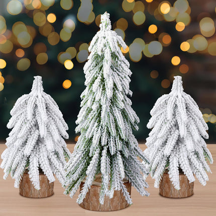 Iceyyyy 3 Pcs Snow Tabletop Christmas Trees,2 Size Snow Flocked Mini Tabletop Pine Trees with Wooden Base,Artificial Desk Christmas Trees for Xmas Holiday Home Party Table Decorations