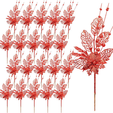 Tigeen 20 Pcs 16.5 Inch Artificial Christmas Picks for Christmas Tree Glitters Christmas Picks Sprays with Flowers Berry Leaves Christmas Glitter Berries Stems for Xmas Tree Ornaments (Red)