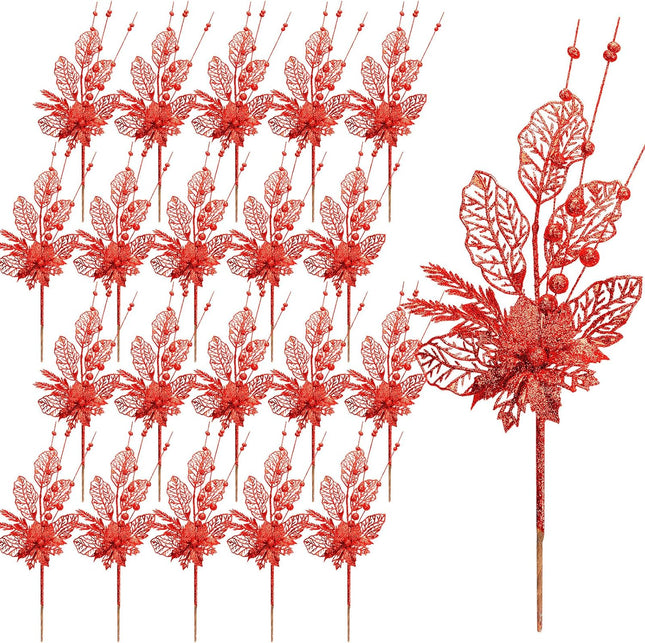 Tigeen 20 Pcs 16.5 Inch Artificial Christmas Picks for Christmas Tree Glitters Christmas Picks Sprays with Flowers Berry Leaves Christmas Glitter Berries Stems for Xmas Tree Ornaments (Red)