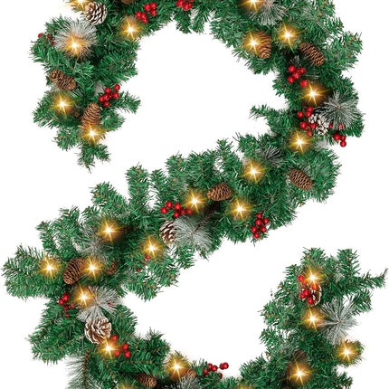 Jelofly 9Ft by 10Inch 100 LED Christmas Garland Battery Operated Christmas Garland Lighted Pine Garland Mantle Garland for Outdoor Indoor Christmas Xmas Holiday Decorations, Warm White