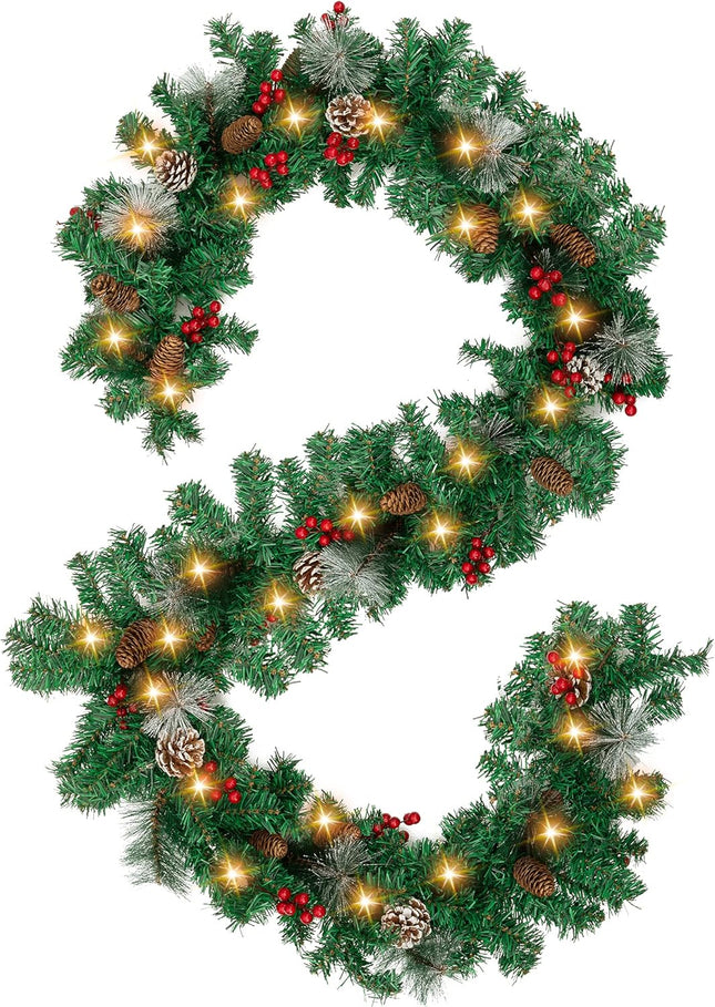 Jelofly 9Ft by 10Inch 100 LED Christmas Garland Battery Operated Christmas Garland Lighted Pine Garland Mantle Garland for Outdoor Indoor Christmas Xmas Holiday Decorations, Warm White