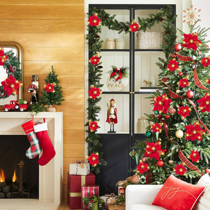 Geefuun 28PCS Christmas Tree Decorations: Poinsettias Artificial Flowers Ornaments Xmas Red Glitter Flower with Clips,3 Sizes(Not Included Stems)