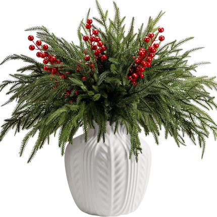 15 Pcs Christmas Norfolk Pine Branches with Red Berry Stems- 19" Extra Long Fake Greenery Norfolk Pine Stems Sprigs- Artificial Xmas Branches Plants Pine Leaves for DIY Craft Garland Home Decor