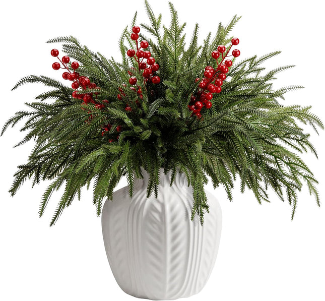 15 Pcs Christmas Norfolk Pine Branches with Red Berry Stems- 19" Extra Long Fake Greenery Norfolk Pine Stems Sprigs- Artificial Xmas Branches Plants Pine Leaves for DIY Craft Garland Home Decor