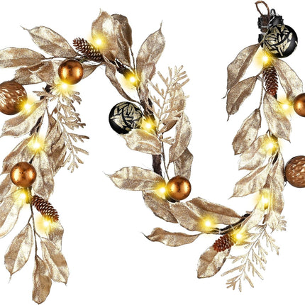 Decorbyhannah Christmas Garland with Lights, 6ft Prelit Christmas Garland Decorations with Gold Leaves Ornaments, Battery Operated Christmas Garland Indoor for Mantle, Stairs(Luxury Gold & Black)
