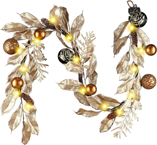 Decorbyhannah Christmas Garland with Lights, 6ft Prelit Christmas Garland Decorations with Gold Leaves Ornaments, Battery Operated Christmas Garland Indoor for Mantle, Stairs(Luxury Gold & Black)