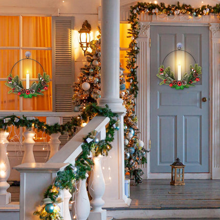 2Pack Christmas Wreaths for Front Door with Timer & Flickering LED Taper Candles & Remote, 16'' Windows Wreaths, Fireplace Christmas Decorations