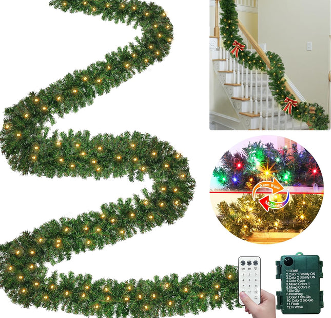 TURNMEON Remote Control 18 Ft Extra Long Prelit Christmas Garland Outdoor 100 Warm White & Multicolor Lights 12 Modes Timer Cedar Garland Battery Operated 600 Branch Christmas Decoration Stairs Mantle