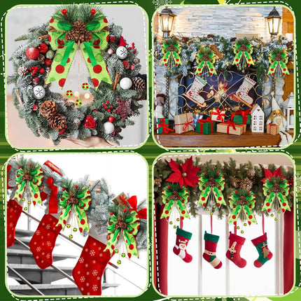 Waydress 4 Pcs Red Green Christmas Bows Decoration 8.66 Inch Large Glitter Dot Christmas Bows with Pine Cones Red Green Ribbons Elf Ornaments for Wreaths Garland Christmas Tree Party(Red Green)