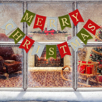 AnyDesign Christmas Banner Glitter Merry Christmas Felt Banner Pre-Assembled Holiday Bunting Garland for Christmas Party Supplies Home Office Farmhouse Front Door Fireplace Mantel Wall Decorations