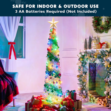 JOIEDOMI 5 Ft Pre-lit Pencil Christmas Tree, Pop up Christmas Tinsel Tree with Lights and Ornaments, Skinny Collapsible Christmas Tree with Timer for Xmas Decorations Indoor Outdoor Holiday Party