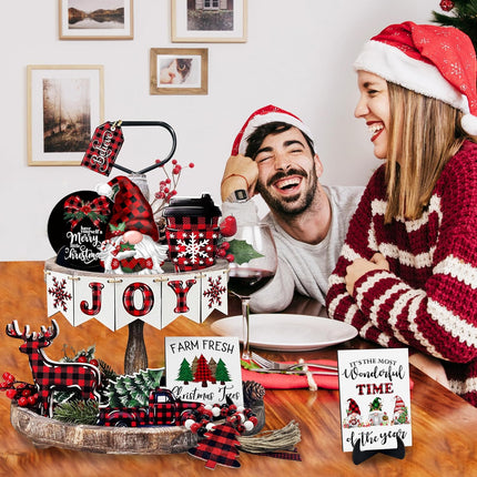 Christmas Tiered Tray Decoration Set Wooden Farmhouse Tray Decor Seasonal Winter Rustic Wood Sign Tabletop Centerpiece with Wood Bead Garland Christmas Table Decor for Home Kitchen (Decor-01)