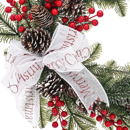 Cedar Christmas Wreaths with Red Berry - 15 Inch Winter Norfolk Pine Wreath with Bow, Pine Cones, Grapevine for Xmas Holiday Home Front Door Indoor Wall Decorations