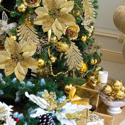 20 Set 8.8" Wide 3 Layers Christmas Gold Glitter Poinsettia Flowers Picks Christmas Tree Ornaments for Gold Christmas Tree Wreaths Garland Holiday Seasonal Festive Navidad Decoration Box Included