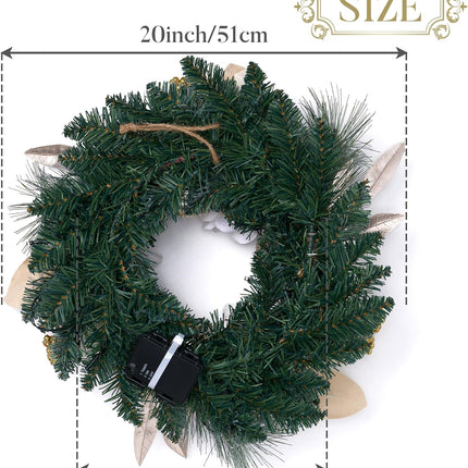 Valery Madelyn Pre-Lit Christmas Wreath for Front Door with Lights, 20 Inch Lighted Christmas Wreath with White Gold Xmas Ball for Fireplace Window Outdoor Table Centerpiece Holiday Home Decoration