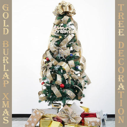 MEEDEE Gold Burlap Wired Ribbon 2.5 Inch 6 Rolls 36 Yards Christmas Ribbon Burlap Ribbon for Christmas Tree Gold Burlap Ribbon Gold Tree Ribbon Garland Gold Stripe Ribbon Christmas Ribbon Set