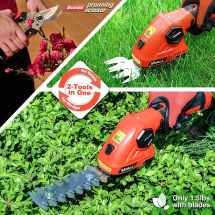 SHALL Cordless Grass Shear & Hedge Trimmer - 7.2V Electric Shrub Trimmer 2 in 1 Handheld Grass Trimmer Hedge Shears, Hedge Clippers Grass Cutter w/ Pruning Scissor, Rechargeable Battery & Fast Charger